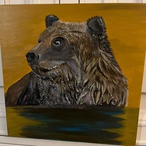 Original painting of a grizzly bear in water in wood